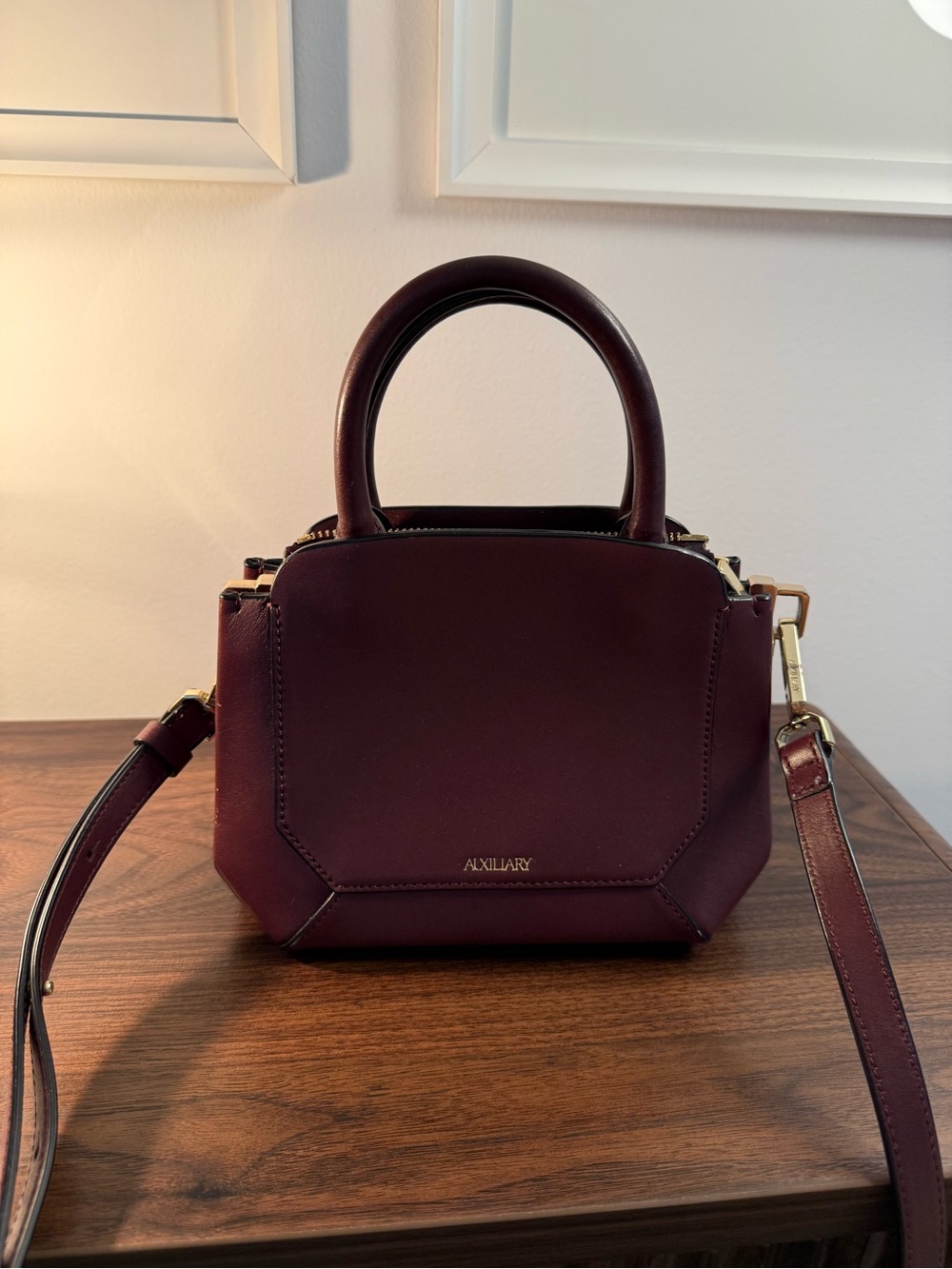 Aritzia Auxiliary Wine Leather Top-Handle Satchel with Gold Hardware
